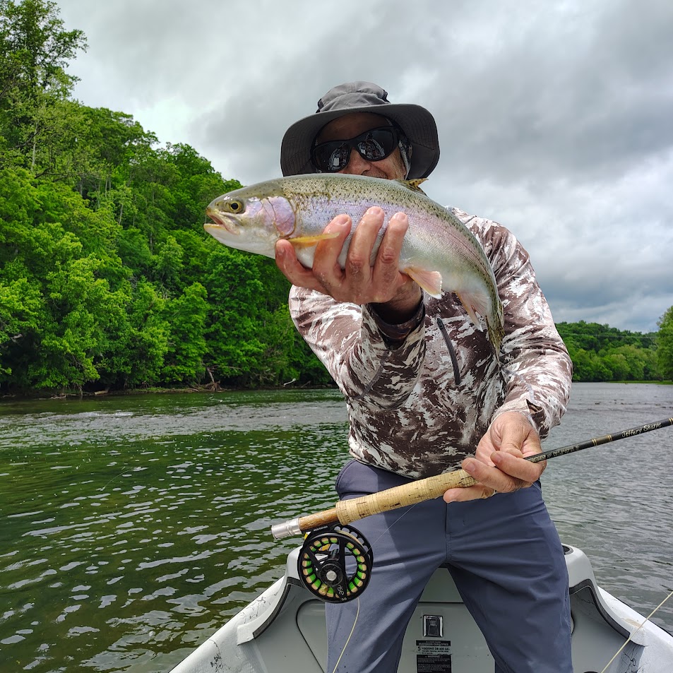 An angler smiling and holding a beautiful rainbow trout caught on a dry fly during a hatch on the Holston River.