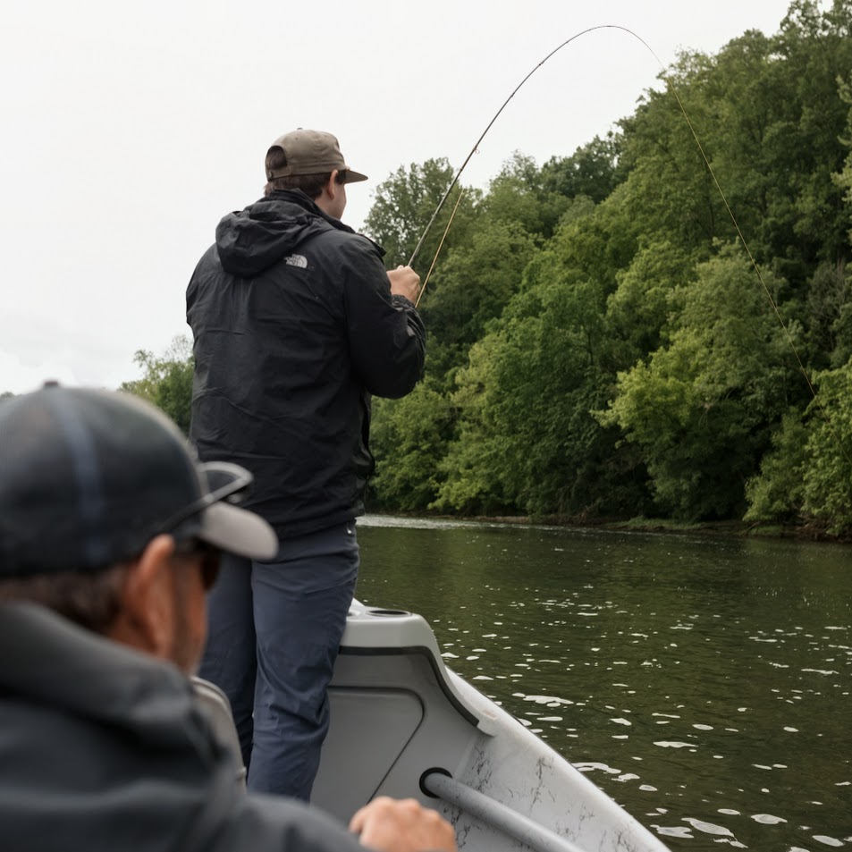 A fly fisherman fighting a rainbow trout on a fly rod during a dry fly hatch on the Holston River in Blaine, Tennessee.