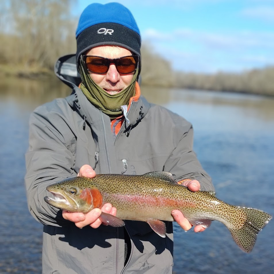 Angler holding a large rainbow trout caught on a guided fly fishing trip on the Cumberland River in Kentucky