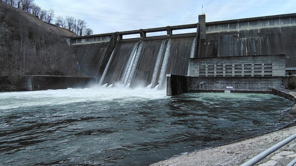 Water rushing through the sluice gates of Norris Dam on the Clinch River tailwater in East Tennessee.